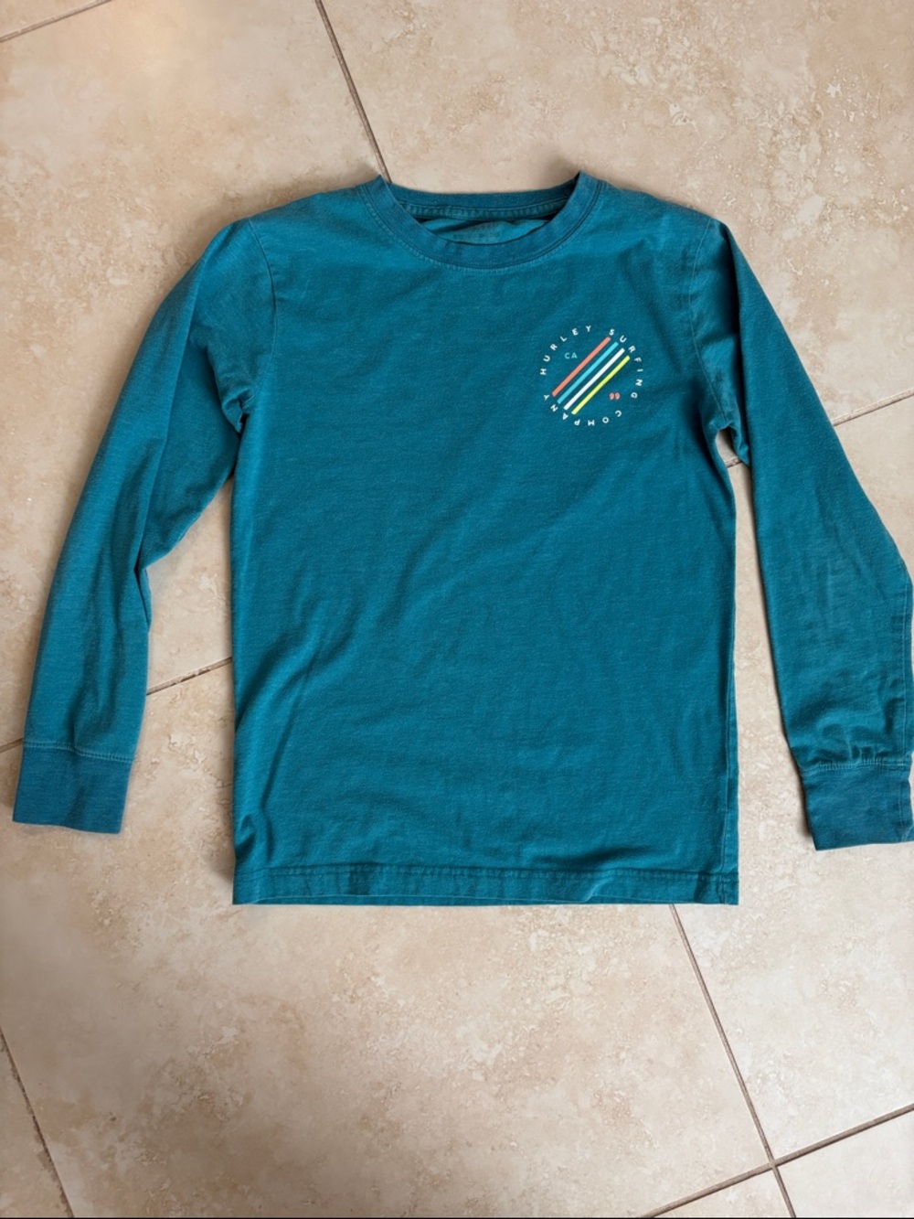 Hurley Teal Long-Sleeve Graphic Tee with Multicolor Chest Stripe